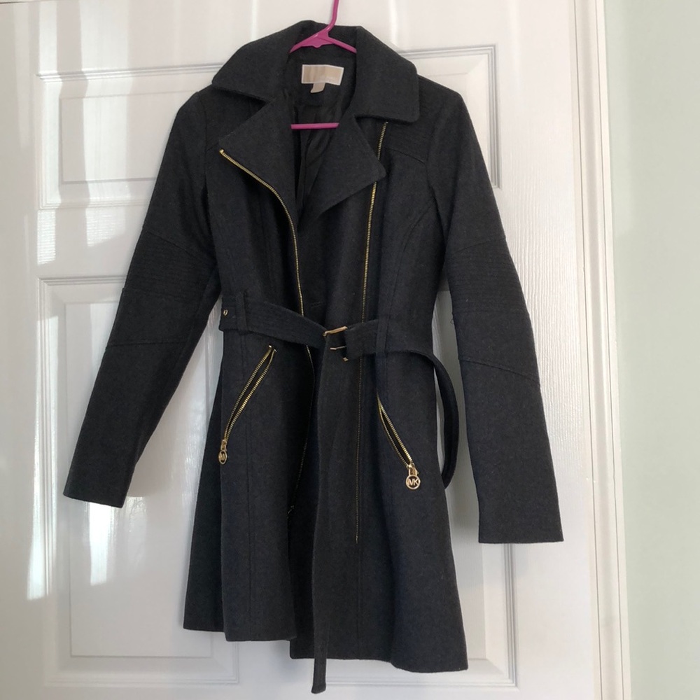 Michael Kors Black Wool Blend Belted Pea Coat with Gold Zippers